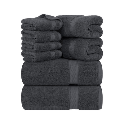 8-Piece Premium Towel Set - 600 GSM, 100% Cotton, Highly Absorbent (Grey)