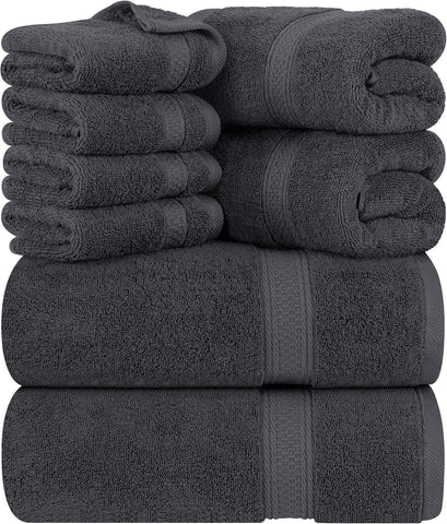 8-Piece Premium Towel Set - 600 GSM, 100% Cotton, Highly Absorbent (Grey)